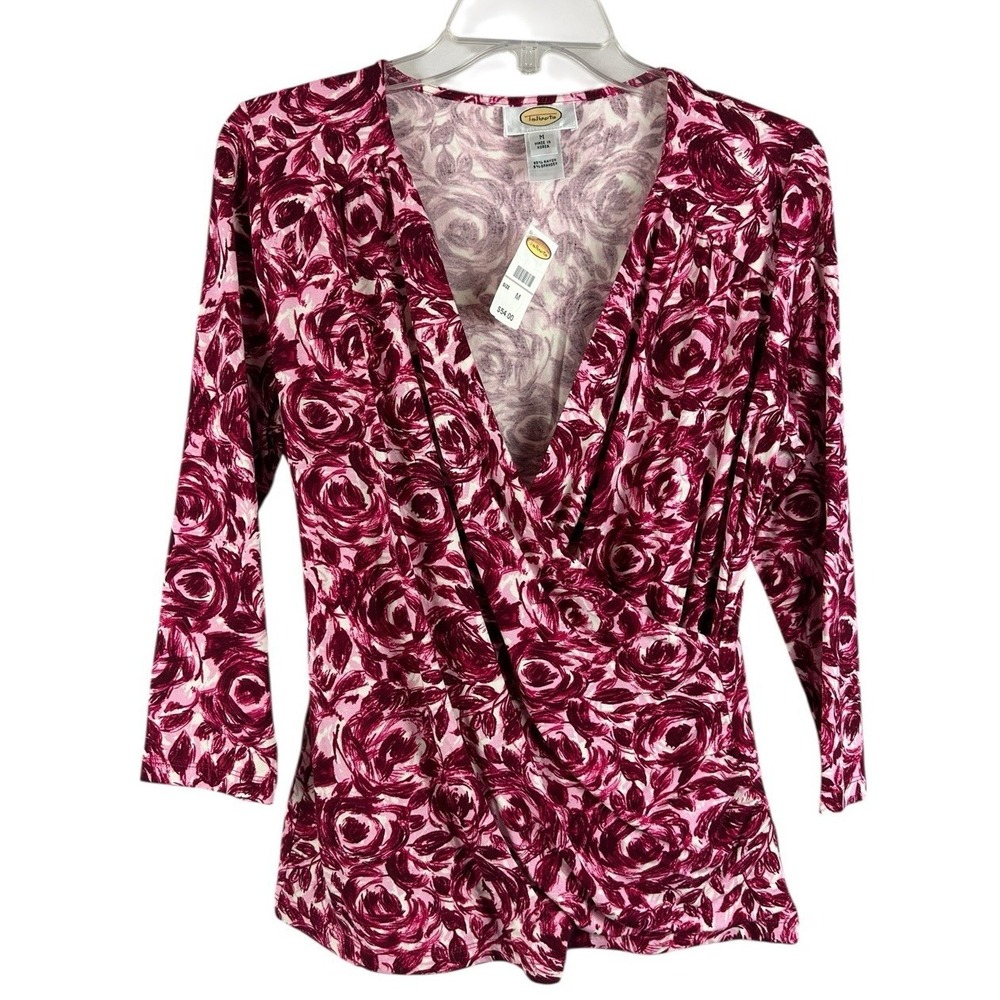 TALBOTS Faux Wrap Bouquets Abound Sz M Romantic Cottagecore Ruching Pink Red